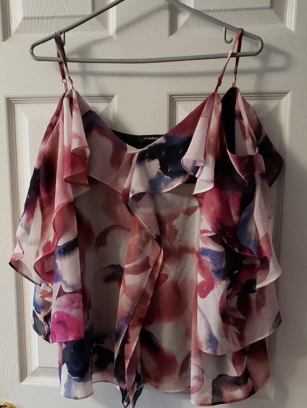 le chateau Pink and Navy Floral Ruffle Cold-Shoulder Camisole